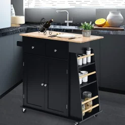 Desserte Îlot de Cuisine Desserte à roulettes Chariot en Bois avec Placard 2 étagères et 2 Tiroirs Support à 3 Niveaux