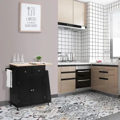 Desserte Îlot de Cuisine Desserte à roulettes Chariot en Bois avec Placard 2 étagères et 2 Tiroirs Support à 3 Niveaux