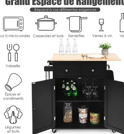 Desserte Îlot de Cuisine Desserte à roulettes Chariot en Bois avec Placard 2 étagères et 2 Tiroirs Support à 3 Niveaux