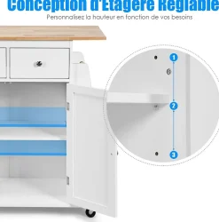 Desserte Îlot de Cuisine Desserte à roulettes Chariot de Cuisine en Bois avec Placard 2 étagères et 2 Tiroirs Blanc