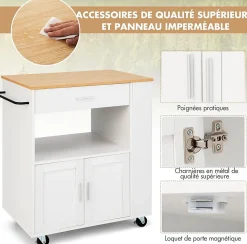 Desserte Îlot de Cuisine Desserte à roulettes Chariot de Cuisine en Bois avec Placard Blanc