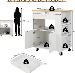 Desserte Îlot de Cuisine Desserte à roulettes Chariot de Cuisine en Bois avec Placard Blanc