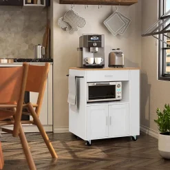 Desserte Îlot de Cuisine Desserte à roulettes Chariot de Cuisine en Bois avec Placard Blanc