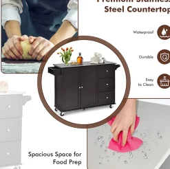 Desserte Îlot de Cuisine Desserte à roulettes avec 3 Tiroirs Support à Épices Porte Serviettes Brun