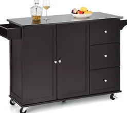 Desserte Îlot de Cuisine Desserte à roulettes avec 3 Tiroirs Support à Épices Porte Serviettes Brun