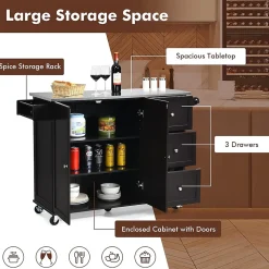 Desserte Îlot de Cuisine Desserte à roulettes avec 3 Tiroirs Support à Épices Porte Serviettes Brun