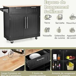 Desserte Îlot de Cuisine Desserte à roulettes Chariot en Bois avec Placard Étagère 3 Niveaux Réglables et 2 Tiroirs