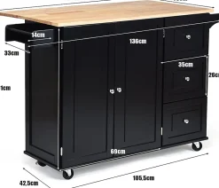 Desserte Îlot de Cuisine Desserte à roulettes avec 1 Armoire à 3 Niveaux et 3 Tiroirs avec 2 Planches et Plateau Pliable