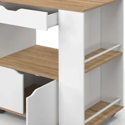 Desserte micro-onde de cuisine COSI placard avec tiroir et étagères à épices bois blanc et plateaux façon hêtre L.76 cm