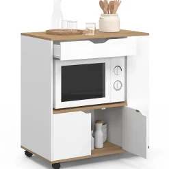 Desserte micro-onde de cuisine COSI placard avec tiroir et étagères à épices bois blanc et plateaux façon hêtre L.76 cm