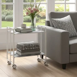 Desserte pliante BAUHAUS avec roulettes, Structure blanche, 2 niveaux, 4 positions