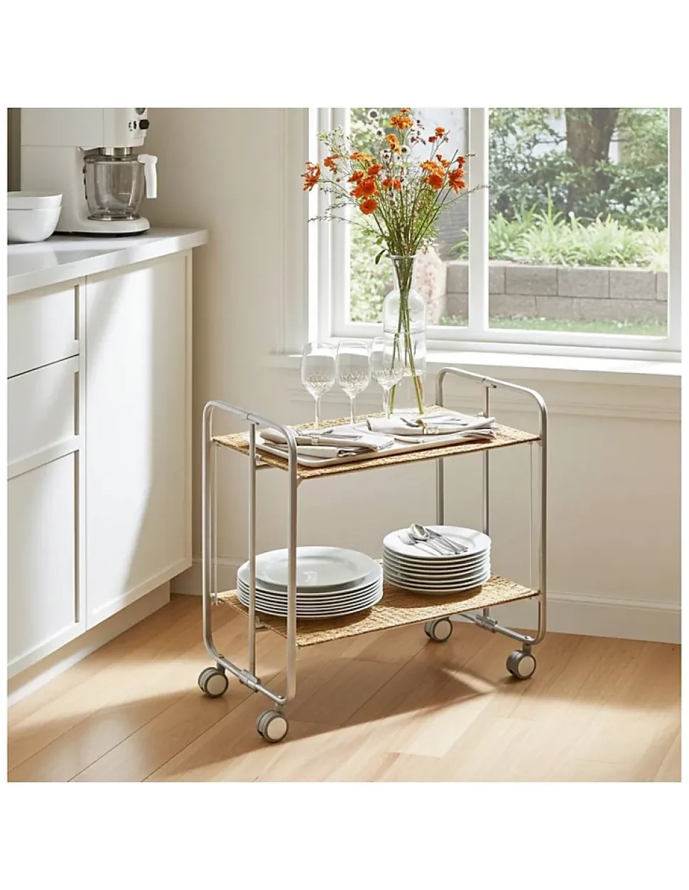 Desserte pliante BAUHAUS avec roulettes, Structure grise, 2 niveaux, 4 positions