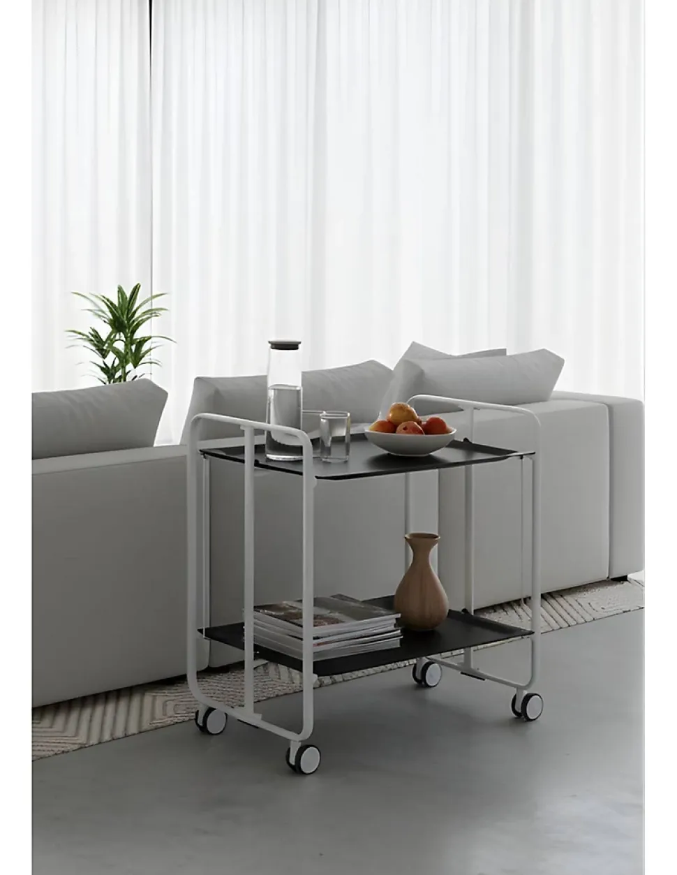 Desserte pliante BAUHAUS avec roulettes, Structure blanche, 2 niveaux, 4 positions