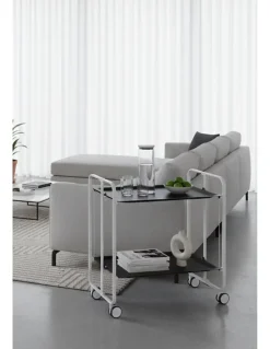 Desserte pliante BAUHAUS avec roulettes, Structure blanche, 2 niveaux, 4 positions