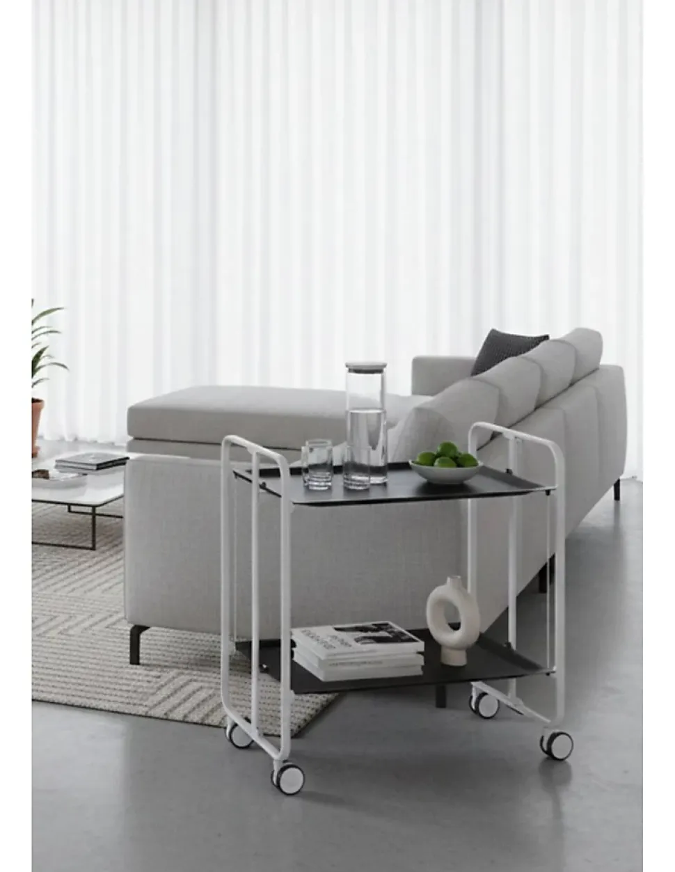 Desserte pliante BAUHAUS avec roulettes, Structure blanche, 2 niveaux, 4 positions