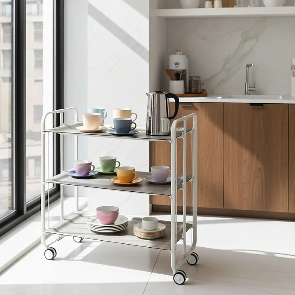 Desserte pliante BAUHAUS avec roulettes, Structure blanche, 3 niveaux, 3 positions