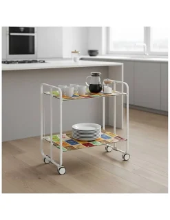 Desserte pliante BAUHAUS avec roulettes, Structure blanche, 2 niveaux, 4 positions