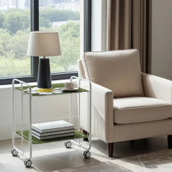 Desserte pliante BAUHAUS avec roulettes, Structure blanche, 2 niveaux, 4 positions