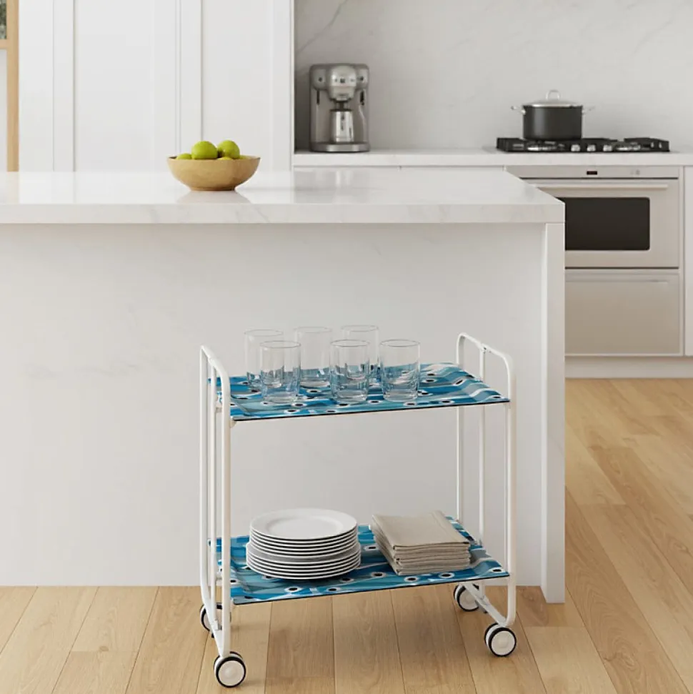 Desserte pliante BAUHAUS avec roulettes, Structure blanche, 2 niveaux, 4 positions