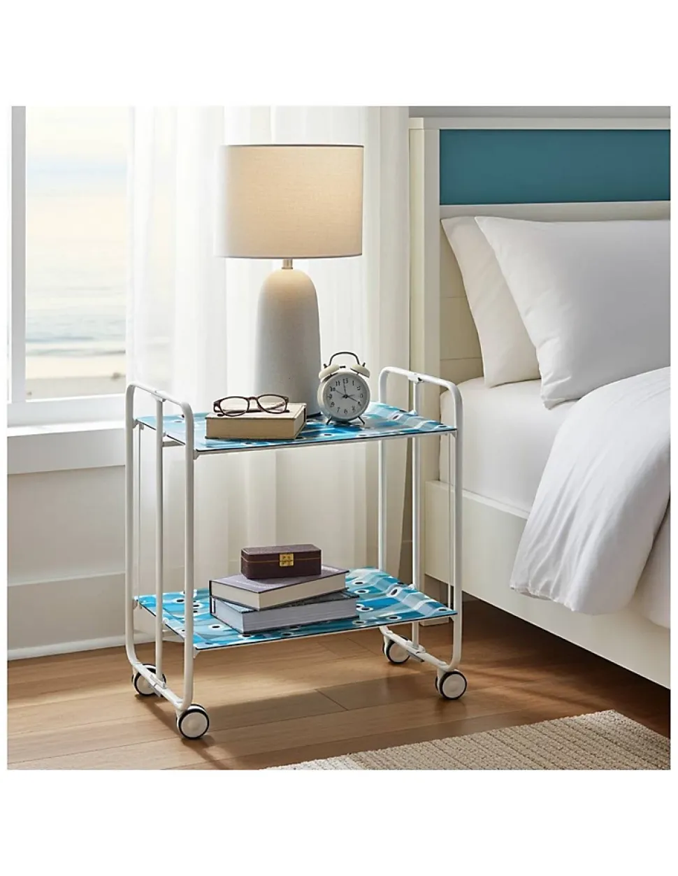 Desserte pliante BAUHAUS avec roulettes, Structure blanche, 2 niveaux, 4 positions