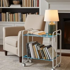 Desserte pliante BAUHAUS avec roulettes, Structure blanche, 2 niveaux, 4 positions
