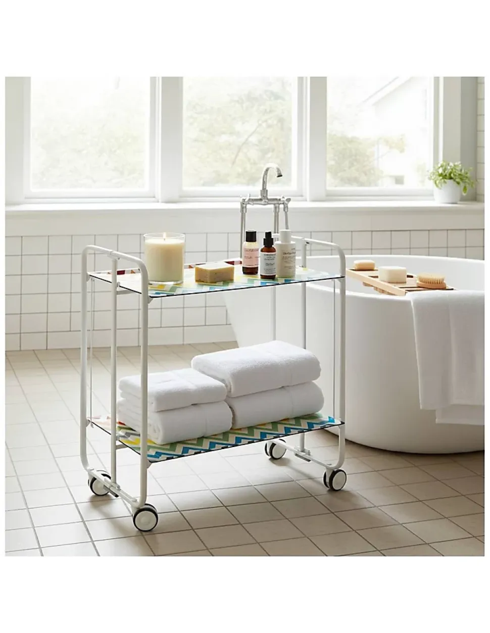 Desserte pliante BAUHAUS avec roulettes, Structure blanche, 2 niveaux, 4 positions