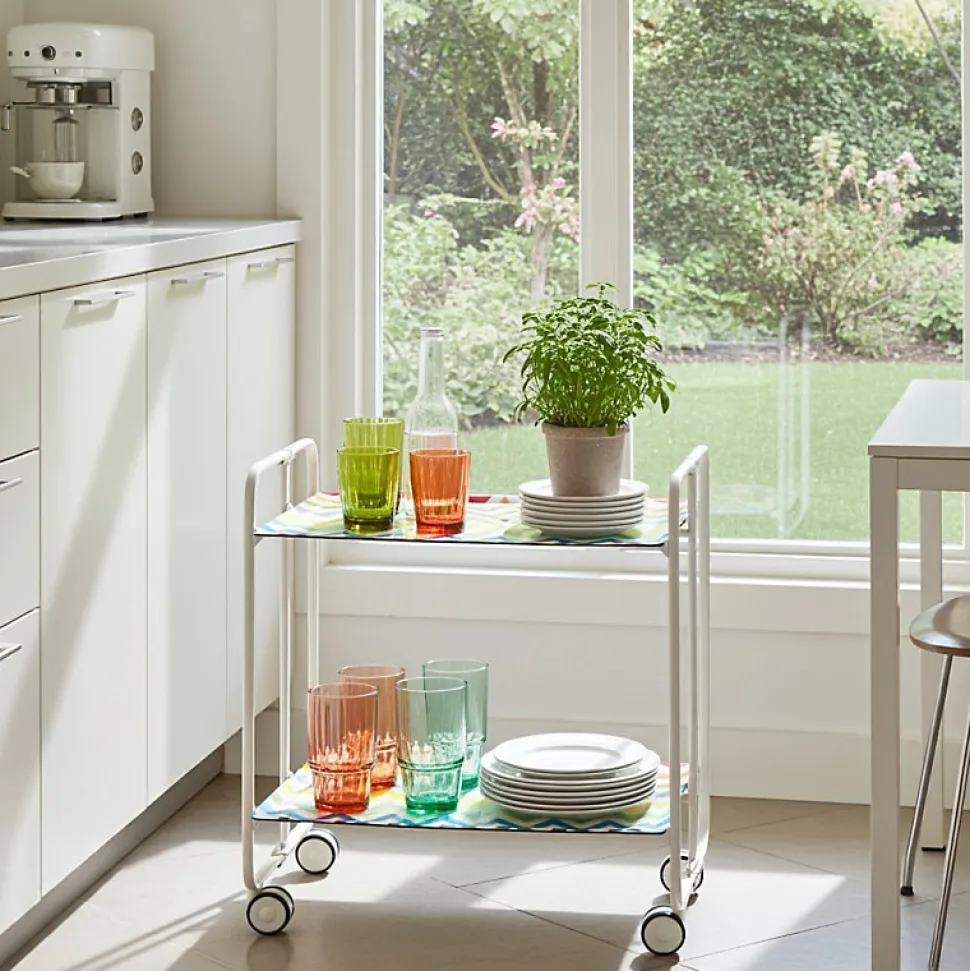 Desserte pliante BAUHAUS avec roulettes, Structure blanche, 2 niveaux, 4 positions