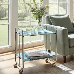 Desserte pliante BAUHAUS avec roulettes, Structure chromée, 2 niveaux, 4 positions