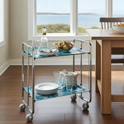 Desserte pliante BAUHAUS avec roulettes, Structure chromée, 2 niveaux, 4 positions