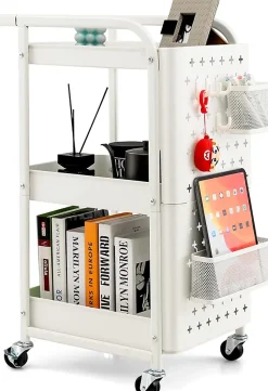 Desserte Roulant à 3 Niveaux Chariot de Rangement et d Organisation avec Double Panneaux Perforés 2 Paniers Blanc