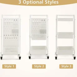 Desserte Roulant à 3 Niveaux Chariot de Rangement et d Organisation avec Double Panneaux Perforés 2 Paniers Blanc