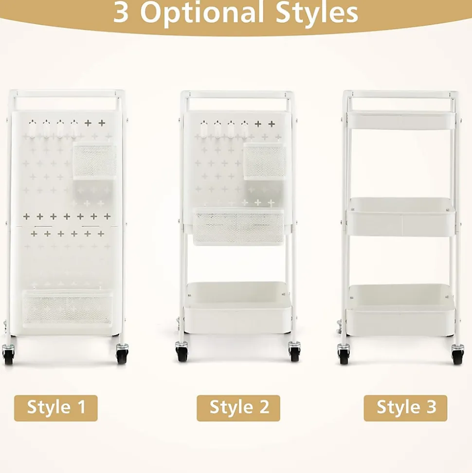 Desserte Roulant à 3 Niveaux Chariot de Rangement et d Organisation avec Double Panneaux Perforés 2 Paniers Blanc