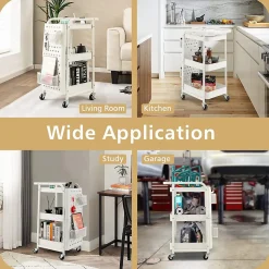 Desserte Roulant à 3 Niveaux Chariot de Rangement et d Organisation avec Double Panneaux Perforés 2 Paniers Blanc
