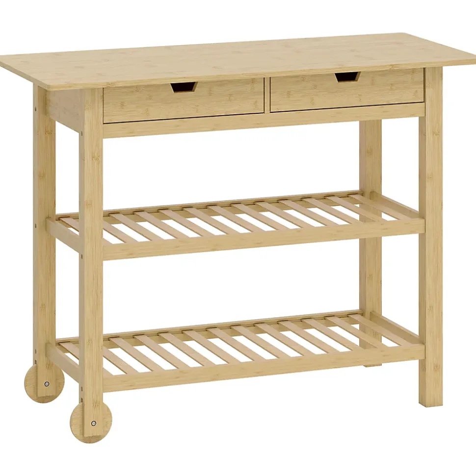 Desserte style cosy naturel bois bambou verni 2 roues - 2 tiroirs - 2 étagères