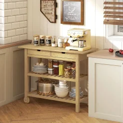 Desserte style cosy naturel bois bambou verni 2 roues - 2 tiroirs - 2 étagères