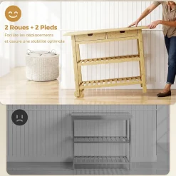 Desserte style cosy naturel bois bambou verni 2 roues - 2 tiroirs - 2 étagères