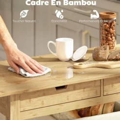 Desserte style cosy naturel bois bambou verni 2 roues - 2 tiroirs - 2 étagères