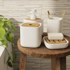 Distributeur de savon en céramique et bambou, blanc, GoodHome Cervia