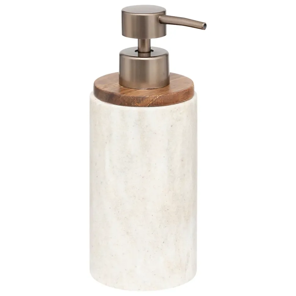 Distributeur de savon en polyrésine effet travertin et acacia 300 ml Ø7,1 x H.19,3 cm, 5five Simply Smart Côme