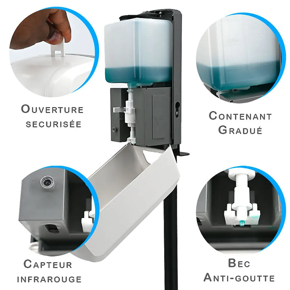 Distributeur de savon et Gel automatique mural ou sur pied infrarouge rechargeable 1 L