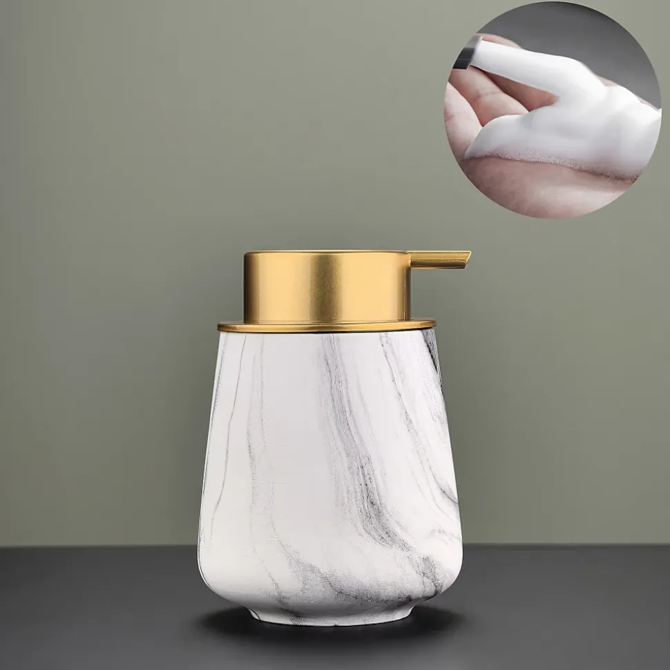 Distributeur de savon mousse pour les mains 300 ml - Pompe en céramique noire, rechargeable, marbre, 2 pièces