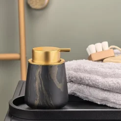Distributeur de savon mousse pour les mains 300 ml - Pompe en céramique noire, rechargeable, marbre, 2 pièces