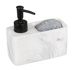 Distributeur rechargeable de liquide vaisselle avec porte éponge effet marbre blanc Wenko Resa