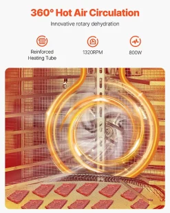 Déshydrateur alimentaire rotatif 12 plateaux inox 800W, température/minuterie réglables, pour viande/fruits.