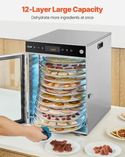 Déshydrateur alimentaire rotatif 12 plateaux inox 800W, température/minuterie réglables, pour viande/fruits.