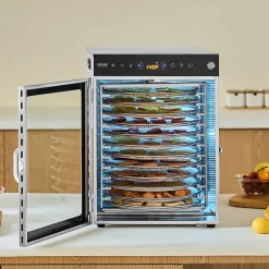 Déshydrateur alimentaire rotatif 12 plateaux inox 800W, température/minuterie réglables, pour viande/fruits.