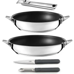 Eclipse - Set 2 poêles 24/28cm revêtement céramique, 1 poignée amovible inox, 1 éplucheur et 1 couteau office