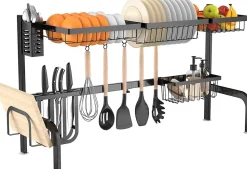 Egouttoir Vaisselle 2 Etage en Acier Inoxydable avec Ventouse Antiderapante Porte Ustensiles de Cuisine Noir