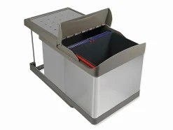 Emuca Bac de tri sélectif à fixation inférieure et extraction automatique dans module de cuisine 2x16litres, Plastique et acier