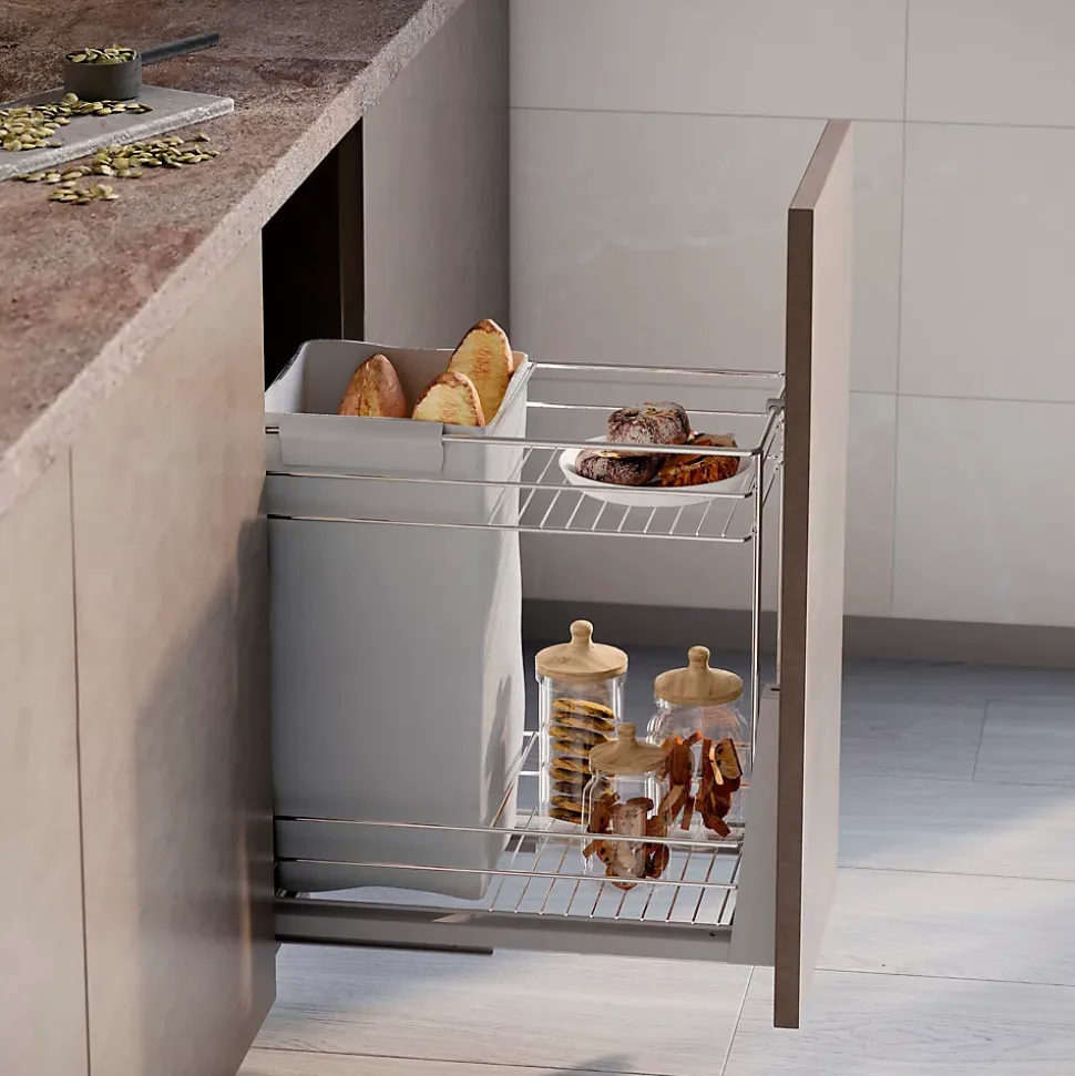 Emuca Chariot coulissant avec paniers et chariot à pain Supra avec fermeture à amortie, module 300, Acier, Chromé